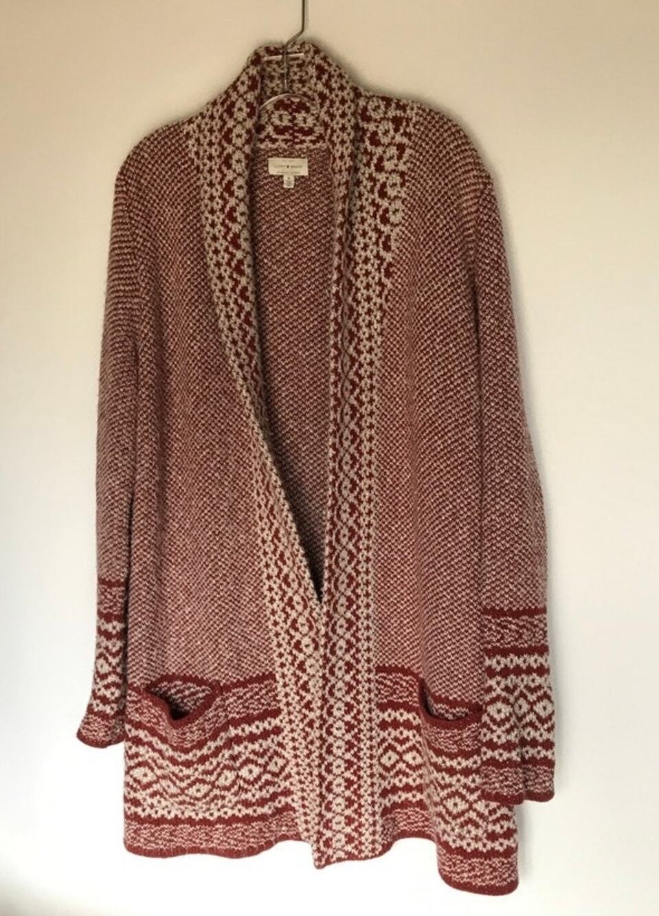 Lucky Brand open front cream and rust Aztec pattern long cardigan sweater size M